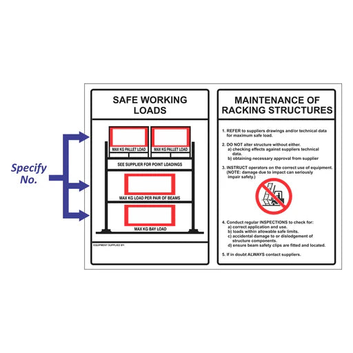 Safe Work Loads - Maintenance of Racking Structure Sign