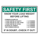 Safety First Sign - Know Your Load Weight Before Lifting